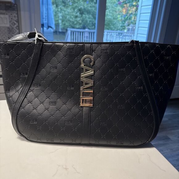 Cavalli Class Sandra Shopper Tote Bag Black Debossed Designer Handbag NWT - Picture 1 of 8